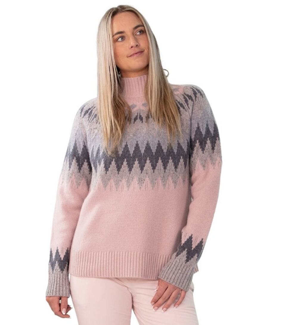 Obermeyer Ivy Mock Neck Sweater Chunky Knit Fair Isle 100% Wool Turtleneck Pink